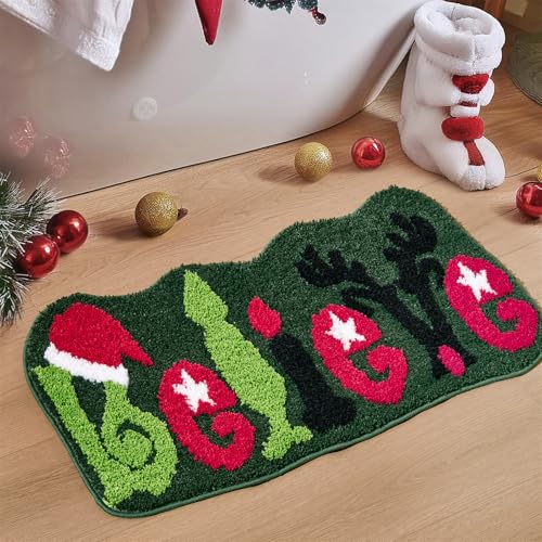 Cute Believe Christmas Bath Mat Non Slip Washable 20W x 32L Green Grinch Reindeer Fun Xmas Bathroom Rugs Decorations Holiday Winter Festive Seasonal Shaggy Microfiber Bath Rug Absorbent