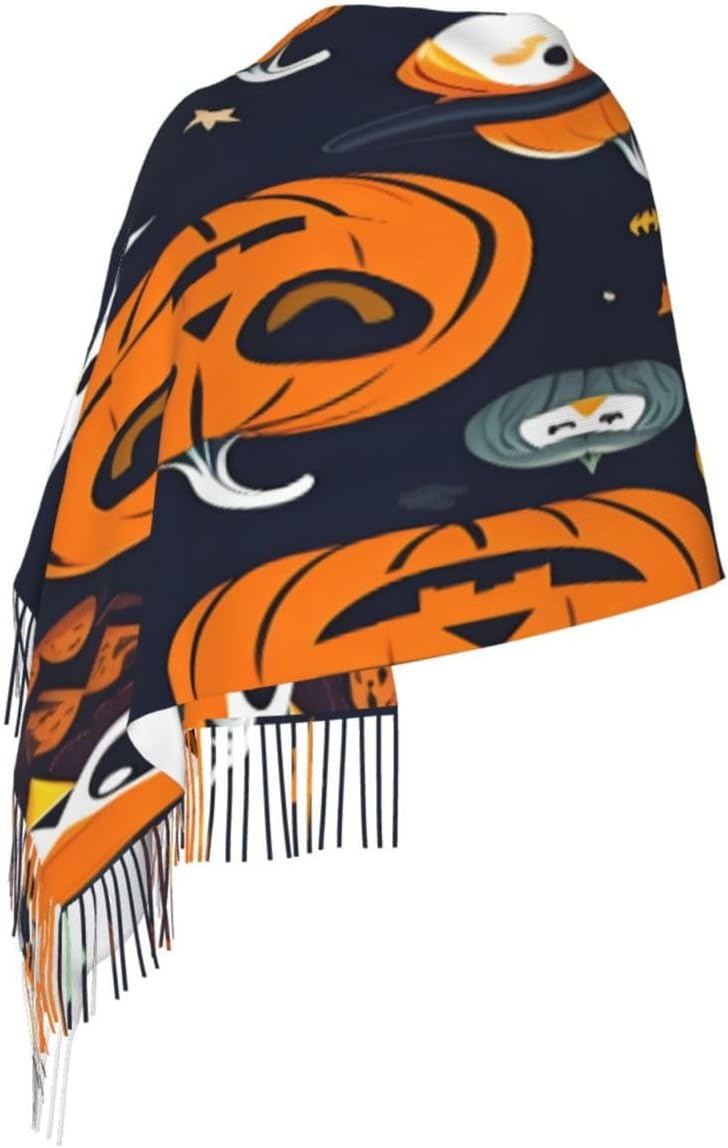 Halloween Owl Ghost Pumpkin Print Polyester Fringed Scarf 77x27 Inch Cozy Stylish Shawl Scarfs With Fringe For Fall, Winter Spring
