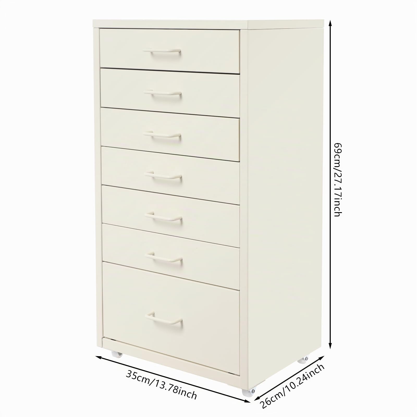 Contenitore a rotelle in metallo con 7 cassetti, Armadio per documenti mobile, Armadio per ufficio con ruote, Contenitore a rotelle Cassettiera con rotelle per casa ufficio, 35 x 26 x 69 cm (Beige)