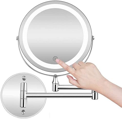 Espejo de maquillaje 10X LED montado en la pared con luces regulables recargable, aumento de baño, espejo de afeitado, pantalla táctil, baterías