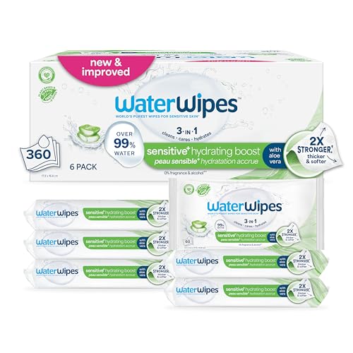 Image of WaterWipes Sensitive+ Hydrating Boost Wipes, 3-In-1 Cleans, Cares, Hydrates, 99% Water with Aloe Vera, Unscented & Hypoallergenic Baby Wipes, 360 Count (6 Packs)