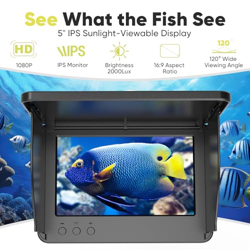 Underwater Fishing Camera with 5\" IPS Monitor, 1000TVL, 178° Wide-Angle, IP68 Waterproof, 12 IR Night Vision, 98ft Cable, 8000mAh Battery—Fish Finder Video System for Ice, Lake, River & Boat