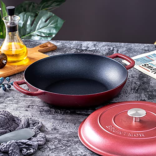 Bruntmor 3.8 Quart Enamel Cast Iron Dutch Oven With Handles And Lid, 3.8 Qt Burgundy Cast Iron Skillet, Enamel Shallow Cookware Braising Pan For Casserole Dish, Crock Pot Covered With Cast Iron #TOP6