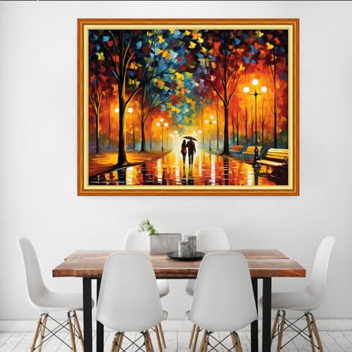 Image of Dooxvey Cross Stitch Kits for Adults, 16x20 inch, Embroidery Kits, Modern, Unisex, All Seasons, Cotton, People, Strolling on a Rainy Night