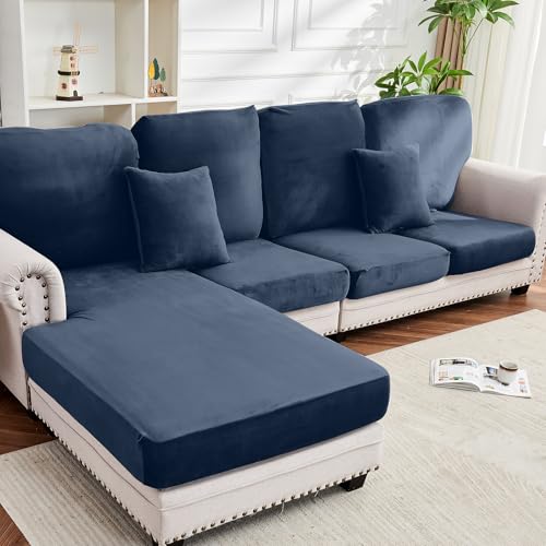 Image of Couch Cover 8-Piece Elastic Velvet Couch Cushion Covers & Chaise Slipcovers for L-Shaped Sofas, Sofa Seat Covers Washable, Soft Cover for Couches (7 Seater + Chaise, Berlin Blue)