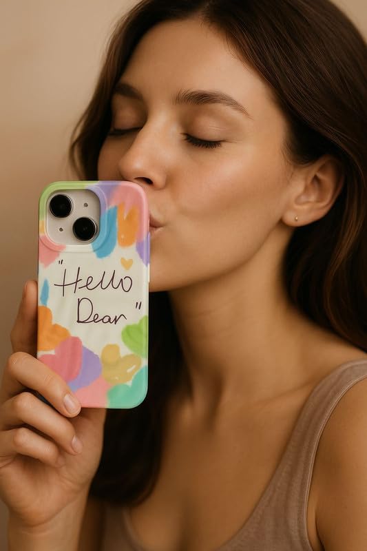 Image of COVERLY for iPhone 14 Plus Hello Dear Quote Quirky & Trendy Wrinkle Phone Case, Luxury Texture Pattern Retro Cute Colorful Artistic Cool Design -Aesthetic Princess Cover for Apple iPhone 14 Plus