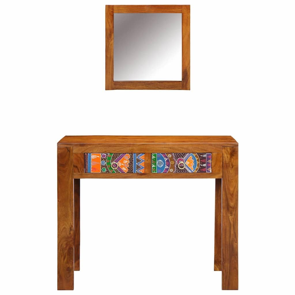 Tocador marrón 90 x 45 x 75 cm madera de acacia mesa de maquillaje con espejo de ala y espacio de almacenamiento para dormitorio y vestidor