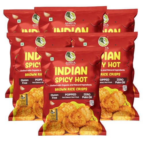 Image of Asmita Organic Farms Brown Rice Popped Crisps | Not Baked, Not Fried | Healthy Millet Snack | Indian Spicy Hot Flavor | High-Fiber, Low-Calorie, Gluten-Free | Pack of 6 (55g Each)