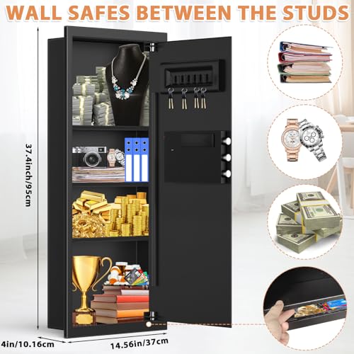 Image of Black 37.4 inch Tall Wall Safe Between Studs with Combo Lock & Removable Shelf