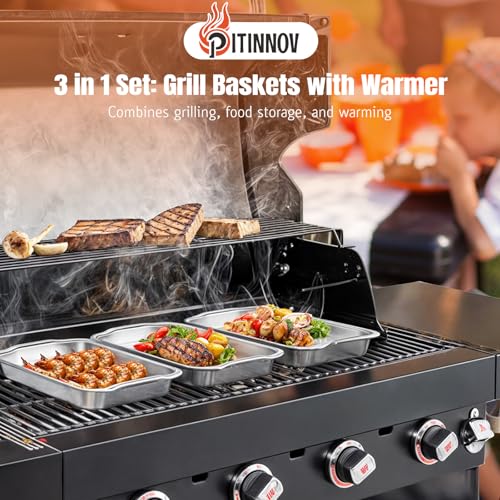Grill Basket Set, 3pcs Stainless Steel Grill Topper Pans for Outdoor Grill with BBQ Prep Tray, Grilling Baskets Barbecue Accessories for Vegetables, Fish, Meat, and Seafood - Gifts for Men Dad Husband
