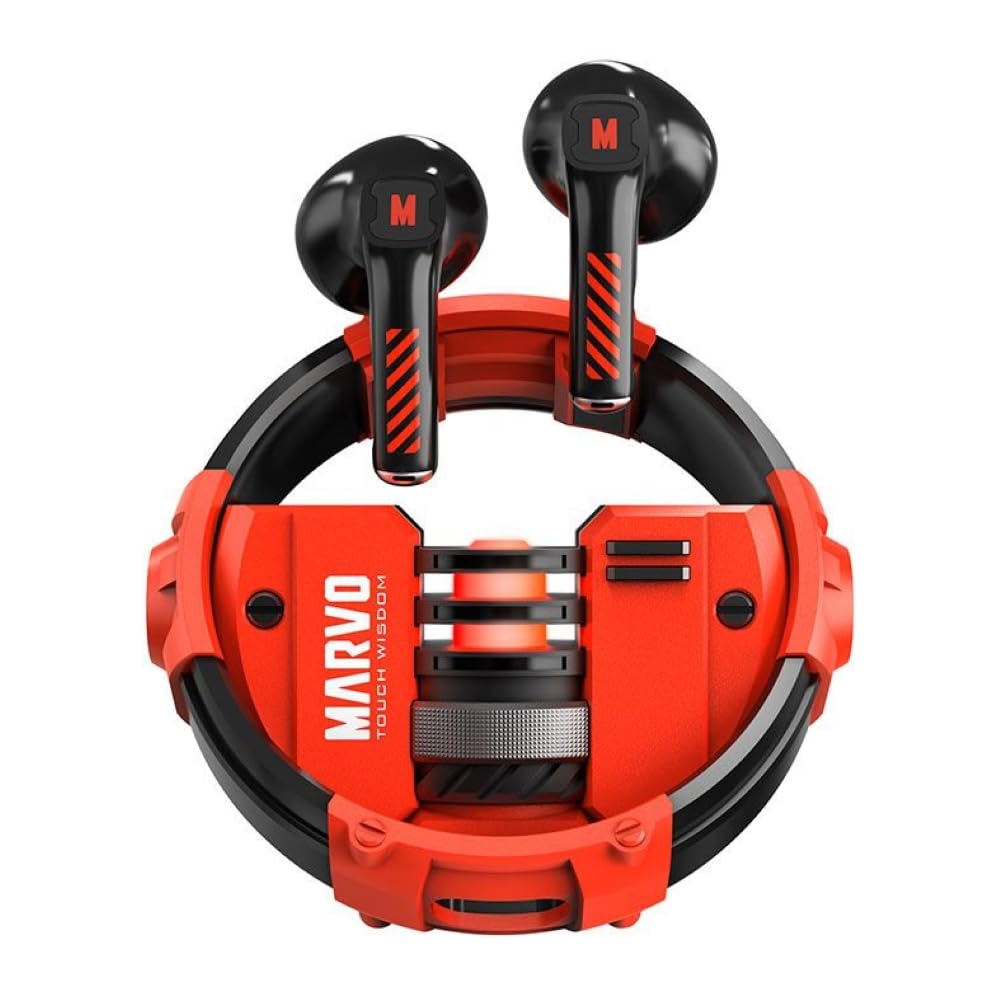 Marvo BE-889 charging case with earbuds and battery level indicator showing 280mAh capacity.