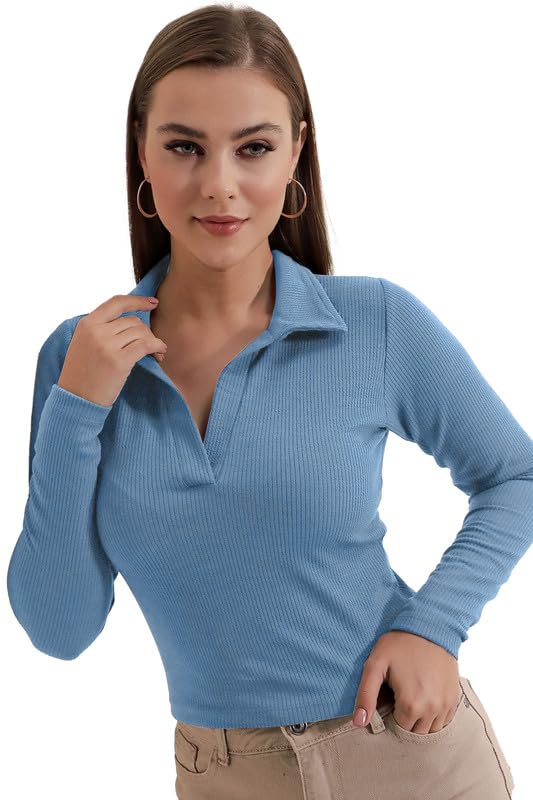 Dream Beauty Fashion Womens Collared Neck Long Sleeve Slim Fit Casual Tee Top, 23" inches (Apple-01-Sky Blue-XS) (B0D9MHJY4N) Amazon Price History, Amazon Price Tracker