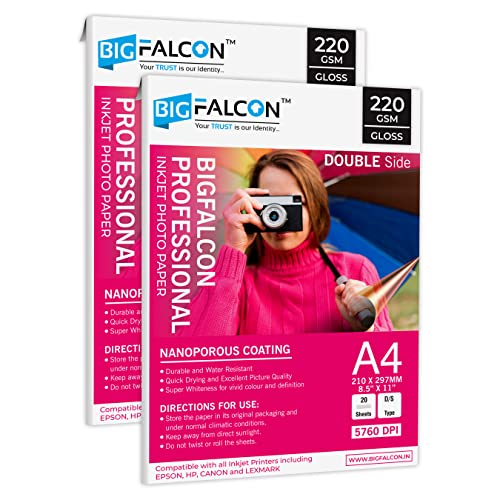 Image of BIGFALCON Professional A4 (8.5x11 inch) 220 GSM Double Sided Glossy Inkjet Photo Paper Premium Dual Sided Printing for Stunning Photos (Pack of 2-40 Sheets)