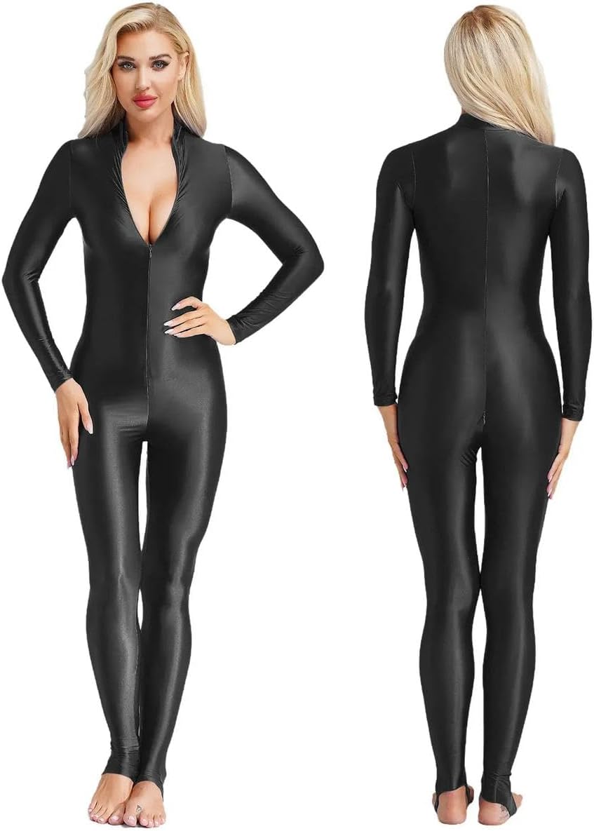 Women Oil Shiny Lingerie Tight Fitting Bodysuit Front Zipper Bodystocking Underwear Jumpsuit Nightclub