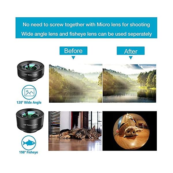 Handy Kameraobjektiv, 11-in-1 Handy Objektiv Kit 0,36X Weitwinkelobjektiv + 198 ° Fisheye Objektiv + Makro Objektiv… – Bild 4