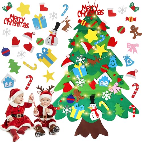 Felt Christmas Tree for Kids with 32 Ornaments, 3.3ft Wall-Mounted Toddler Felt Xmas Tree, Montessori DIY Hook & Loop Christmas Tree for Toddlers, Reusable Kids Holiday Decoration