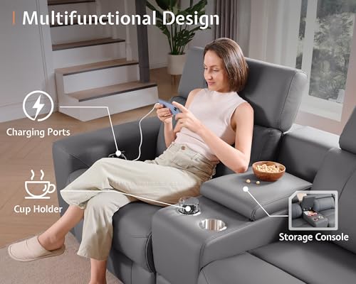 Image of AMERLIFE Power Recliner Sectional Sofa with Storage /USB Port, Leather Recliner Sofa with Adjustable Headrest, Reclining Sectional Couches with Console and Cup Holder for Living Room (Gray, 5-Seater)
