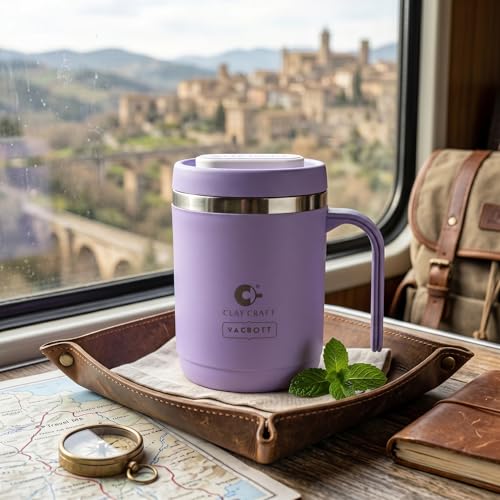 Image of CLAY CRAFT VACBOTT Dyona 400ML (Purple) Premium Stainless Steel Puf-Insulated Flask Mug| Long Hrs Hot & Cold|Airtight, BPA-Free, Leak-Proof Travel Mug with Handle| Made in India