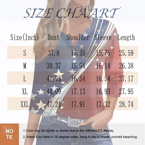 Image of 4th of July Shirts Women 3 /4 Length Sleeve Womens Tops Henley Neck Casual Patriotic T Shirts
