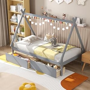 Komfott twin size house bed with 2 storage drawers wood platform bed frame with roof kids floor bed with storage no box spring needed grey  urban country home decor