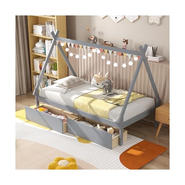 Komfott twin size house bed with 2 storage drawers wood platform bed frame with roof kids floor bed with storage no box spring needed grey  urban country home decor