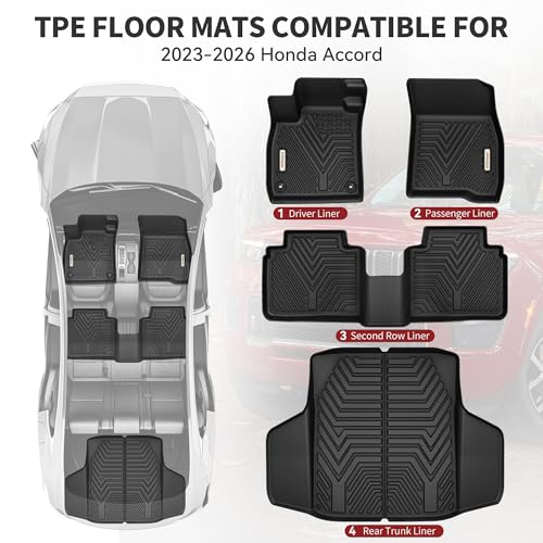 Image of YITAMOTOR Floor & Trunk Mat Fit Honda Accord 2026-2023 Gasoline & Hybrid | All Weather TPE Floor Liner Custom Fit for Accord Accessories, 1st, 2nd Row and Cargo Liners, Black