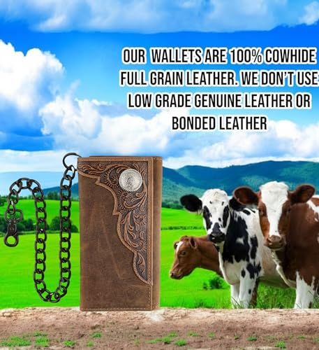 Image of F&L CLASSIC RFID Blocking Mens Tri-fold Long Style Cowhide Leather Steel Chain Wallet,brown western,212-82