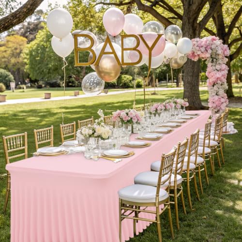 Image of Smiry Spandex Elastic Fitted Table Cloth Skirt for 4FT Rectangle Table | Stretch Washable Table Cloth, Banquet Table Cover for Wedding, Party, Indoor & Trade Shows, (Pink, 48Lx24Wx30H)