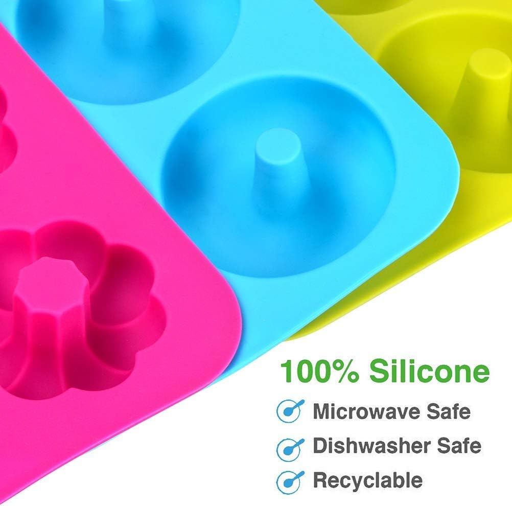 Silicone Donuts Baking Pan Set of 3, Non-stick Round and Flower Donut Molds, Durable Kitchen Accessories for Cake Biscuit Bagels Muffins (6 Cavity)
