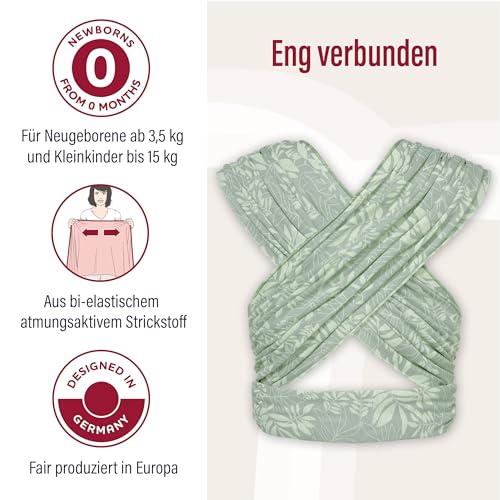 manduca Sling - Babytragetuch - Elastische Babytrage für Neugeborene von der Geburt bis zu 15 kg - Bio-Baumwolle - GOTS zertifiziert - Botanic Green