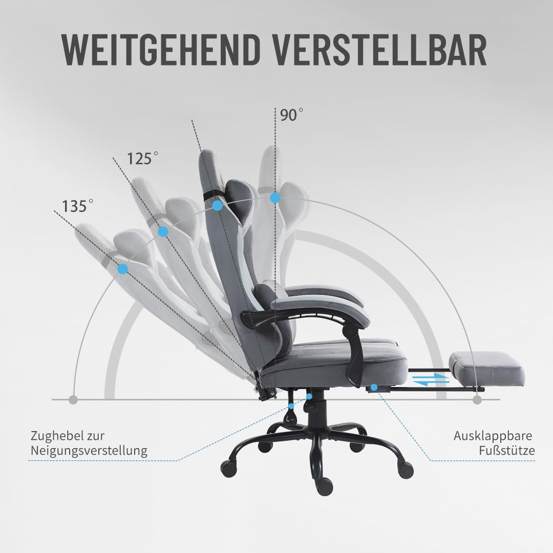 PixelPilot Chaise de jeu ergonomique avec repose-pieds, tissu respirant, chaise de bureau gamer avec appui-tête, soutien lombaire, large assise, 150 kg (gris)