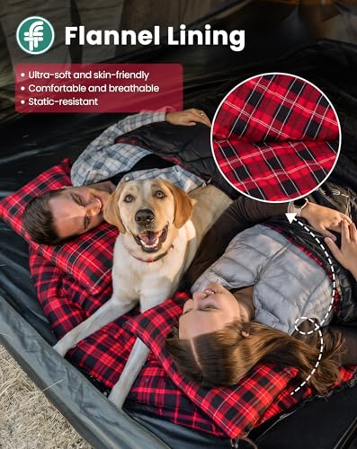 Image of KingCamp Double Sleeping Bag for Adults, Queen Size 2 Person XXL Flannel Sleeping Bag, Waterproof Lightweight Flannel Quilt with 2 Pillows, Perfect for Couples Family Camping Hiking