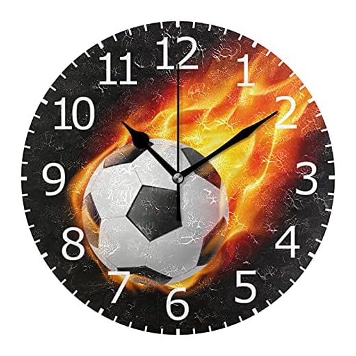 ALAZA Non-Ticking Silent Round Wall Clock, Soccer Ball on Fire Decor Clock for Home School Kitchen Bedroom Living Room