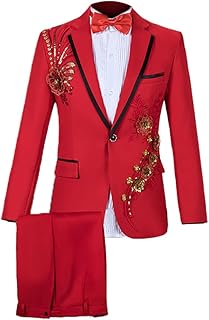 [cnstone] メンズ ステージ衣装 3点セット フォーマルスーツ 花柄刺繍入り タキシード スパンコール ジャケット 蝶ネクタイ ズボン ダンス衣装 コスプレ 結婚式 パーティー ライブ コンサート 派手 目立つ 忘年会 司会 演出服
