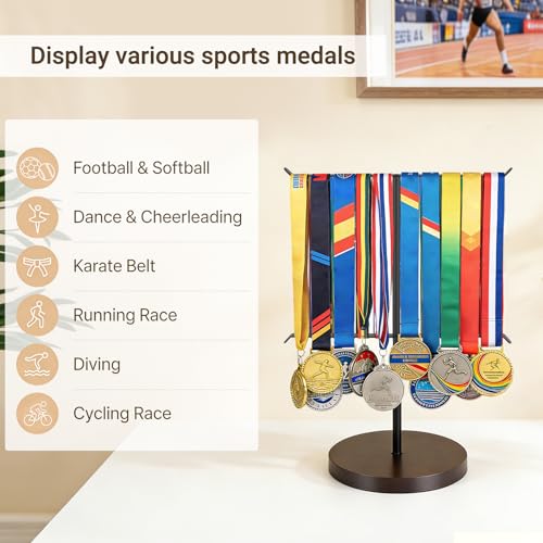 Image of Mkono Medal Hanger Display, Metal Medal Holder, Race Award Medals Display Stand for Running, Sports, Marathon, Wrestling, Taekwondo, Wood and Iron Material, 12x16 Inches (Black and walnut)