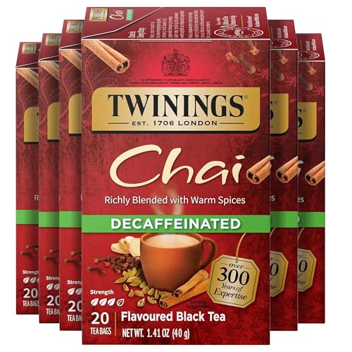 Twinings Decaffeinated Chai Individually Wrapped Bags, 20 Count (Pack of 6), Sweet, Savoury Spices, Enjoy Hot or Iced, 120 Teabags