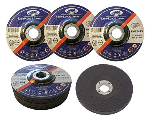 GOODWAY Juego de discos de desbaste, 5 unidades, diámetro de 125 x 6 mm, para amoladoras angulares, para acero y metales no ferrosos