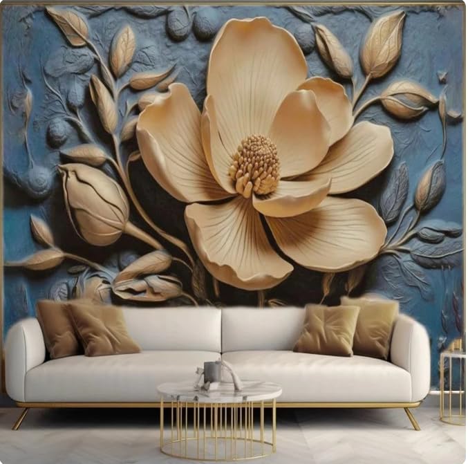 Papier peint 3D fleurs dorées pour cacher un mur blanc sans travaux