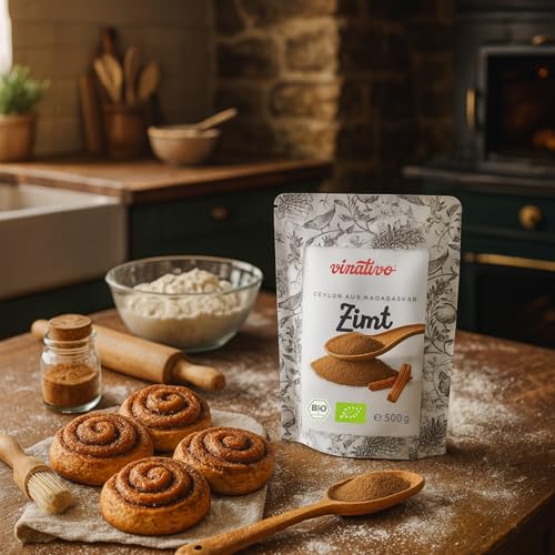 vinativo Zimt BIO – Ceylon aus Madagaskar – 500g – Pulver – fein gemahlen und schonend getrocknet– bio Rohkost-Qualität – zum Backen oder Würzen – aus kontrolliert biologischem Anbau