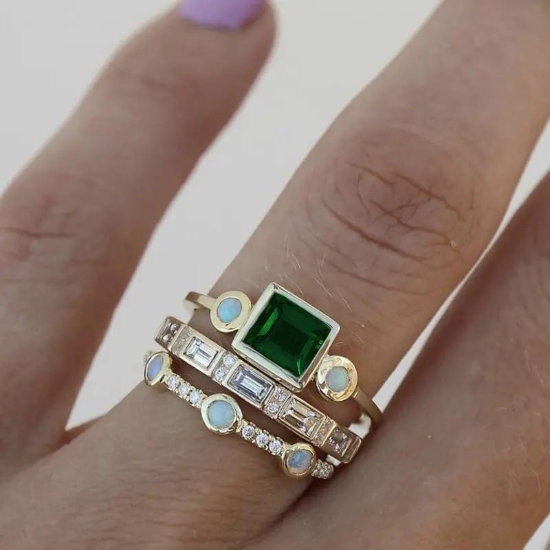 HUUGVBCO 18k Gold-Plated Geometric 3pcs Set Rings Emerald Cubic Zirconia Shiny Wedding Ring Stackable Diamond Zircon Cz Engagement Proposal Ring 7#3