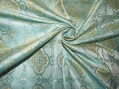 Tissu brocart de soie bleu ciel clair au yard pour couture jacquard or BRO349