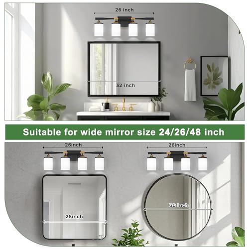 Image of DORESshop Bathroom Light Fixtures, 4-Light Black and Gold & Milky White Bathroom Lighting Fixtures Over Mirror with Milk Glass Shade, Modern Vanity Lights for Hallway Bedroom