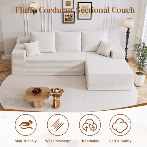 Image of 108 inch L Shaped Boneless Sectional Couches for Living Room, Comfy Corduroy Floor Cloud Sofa with Chaise, Wide Armrest, Deep Seat, Memory Foam, Assembly Free, Ideal for Small Spaces, White