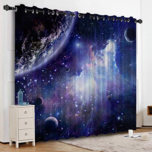 Blackout Curtains Kids Room Darkening Curtains Space Cosmic Sky Stars In Galaxy Nebula Cosmos 52" Wide X 45" Long Thermal Insulated Grommet Top Window Curtains For Bedroom #TOP2