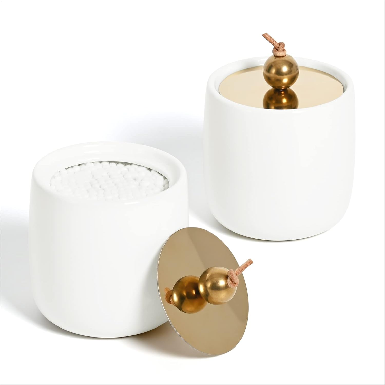 2 Pack Ceramic Qtip Holder Dispenser with Gold Lids White Apothecary Jars Bathroom Vanity Organizer for Home Decor