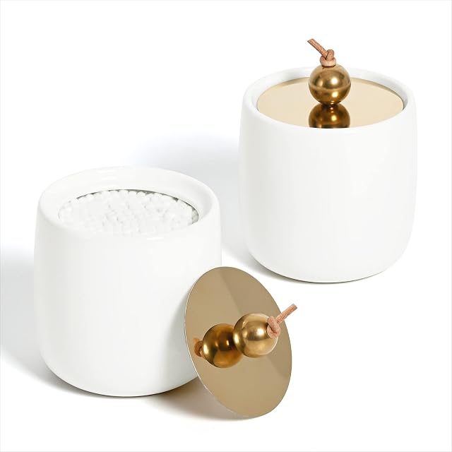 2 Pack Ceramic Qtip Holder Dispenser with Gold Lids White Apothecary Jars Bathroom Vanity Organizer for Home Decor