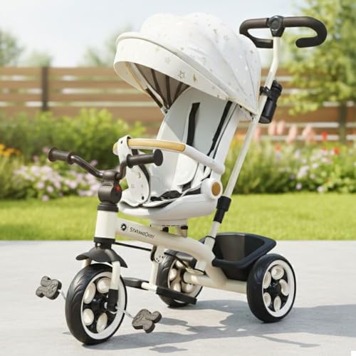 Image of StarAndDaisy Kids Cycle for 2-5 Years Boy & Girl /Tricycle with EVA Wheels, Bell & Basket /Baby Trike Cycle 30 Kg Capacity, 3-Point Safety Belt with Canopy & Parent Handle (Graffti White)