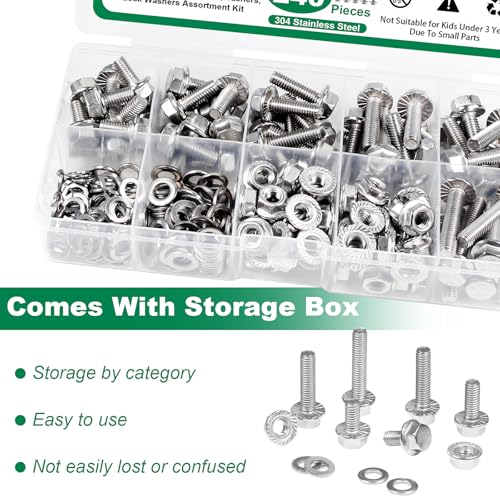 Image of M6-1.0 x 12 /16 /20 /25 /30mm Flanged Hex Head Bolts, 240 Pcs M6 Flange Hexagon Screws Serrated Flange Nuts, Washers & Lock Spring Washers, 304 Stainless Steel Bolts and Nuts Kit