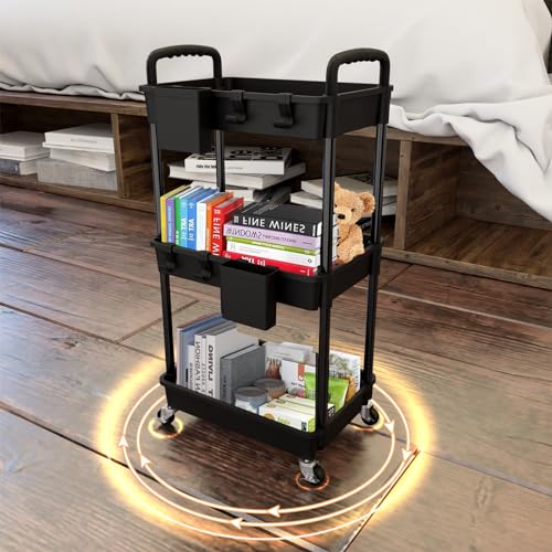 Image of 3 Tier Rolling Utility Cart with Handle,REBECAT Utility Cart Made of Multifunctional Storage Organizer Tool for Kitchen,Bathroom,Living Room,Office(Black)