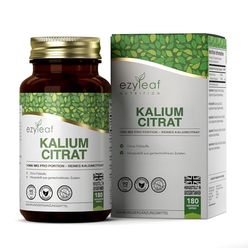 Ezyleaf Kaliumcitrat | 180 Hochdosierte Kaliumkapseln – 1000mg Potassium pro Portion | Kalium Hochdosiert | Keine Füllstoffe, Gentechnik-, Gluten-, Milch- und Allergenfreies